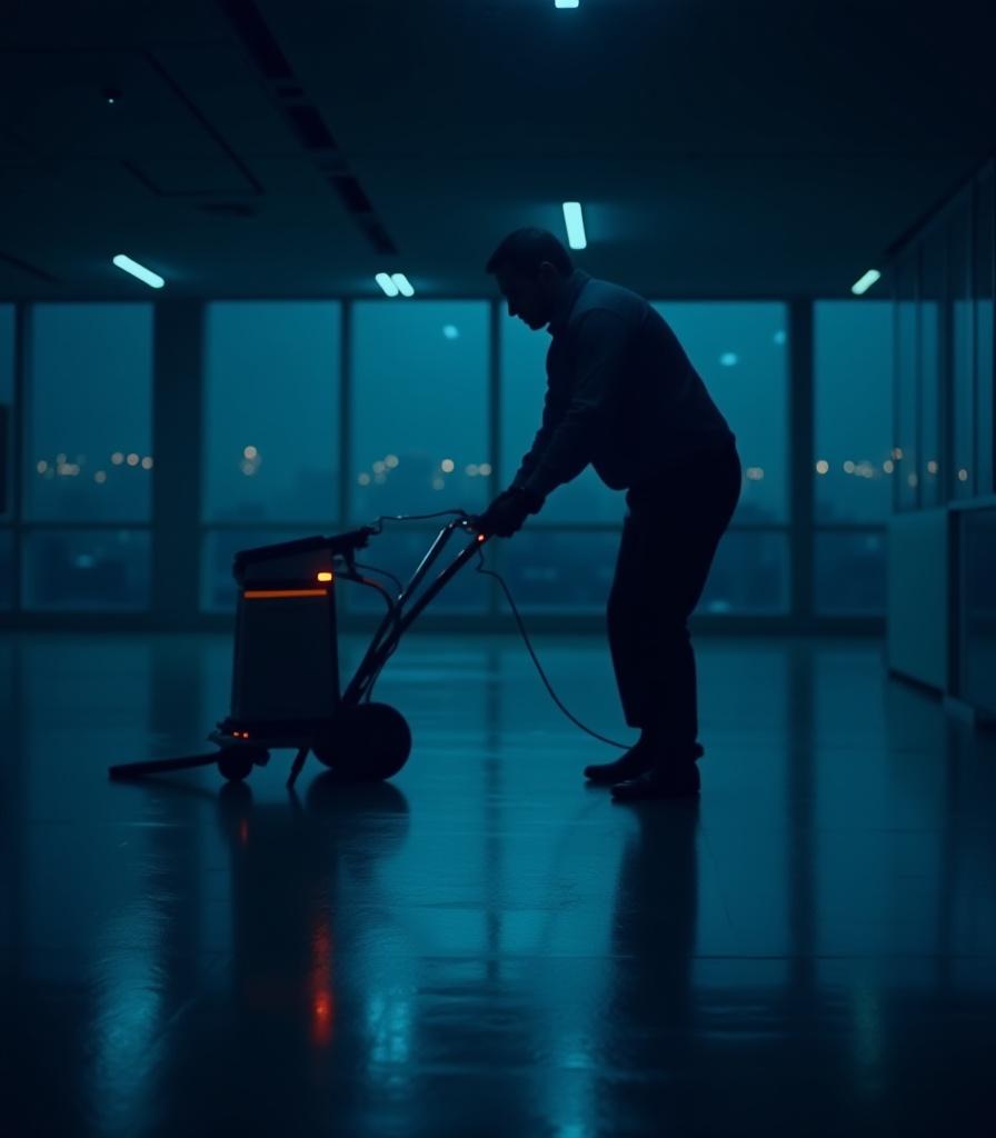 Professional cleaning equipment in a dark office at night